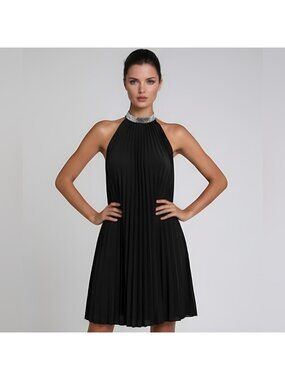 Black Sequin Pleated Detail Halter Neck Dress